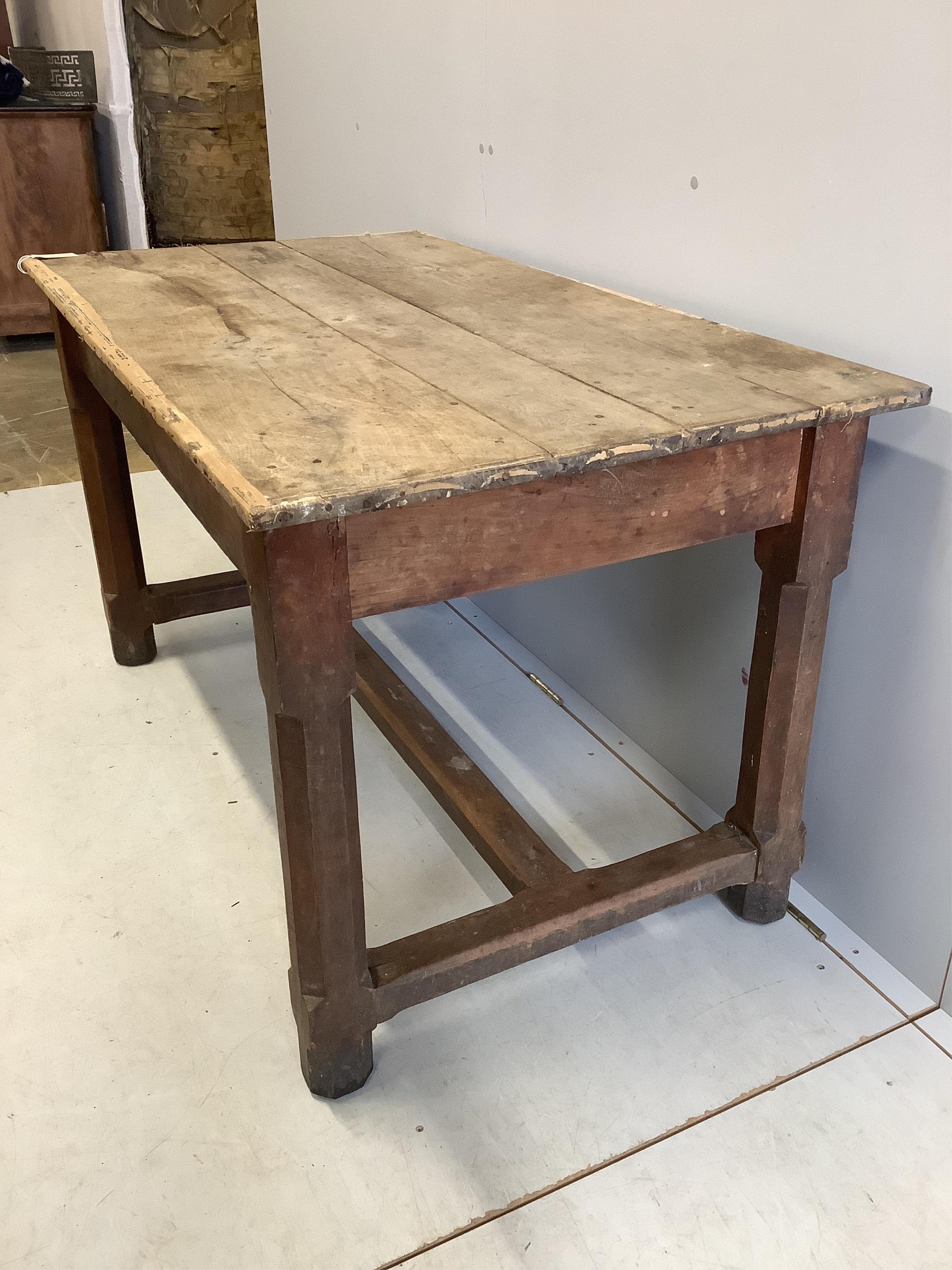 A small 19th century French oak farmhouse table, width 130cm, depth 72cm, height 73cm. Condition - poor